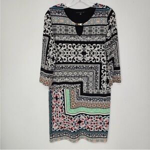 Tiana B. Midi Patterned Dress 3/4 Length Sleeves Multi Color Size Large Gold Acc